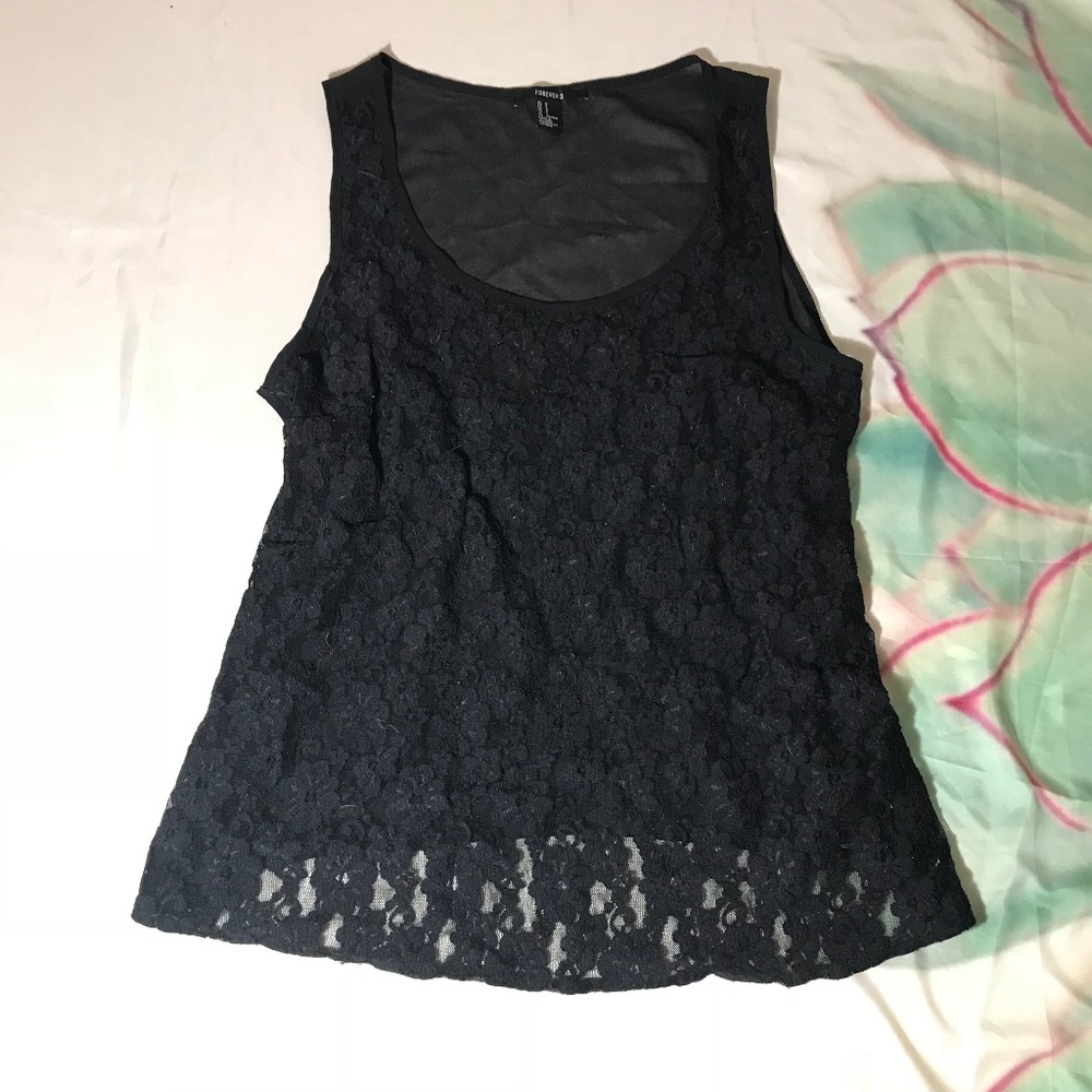 Forever 21 Sheer Black Lace Front Tank Top